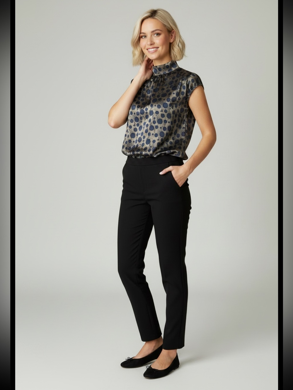 Womens Blue Dot Mock Neck Blouse